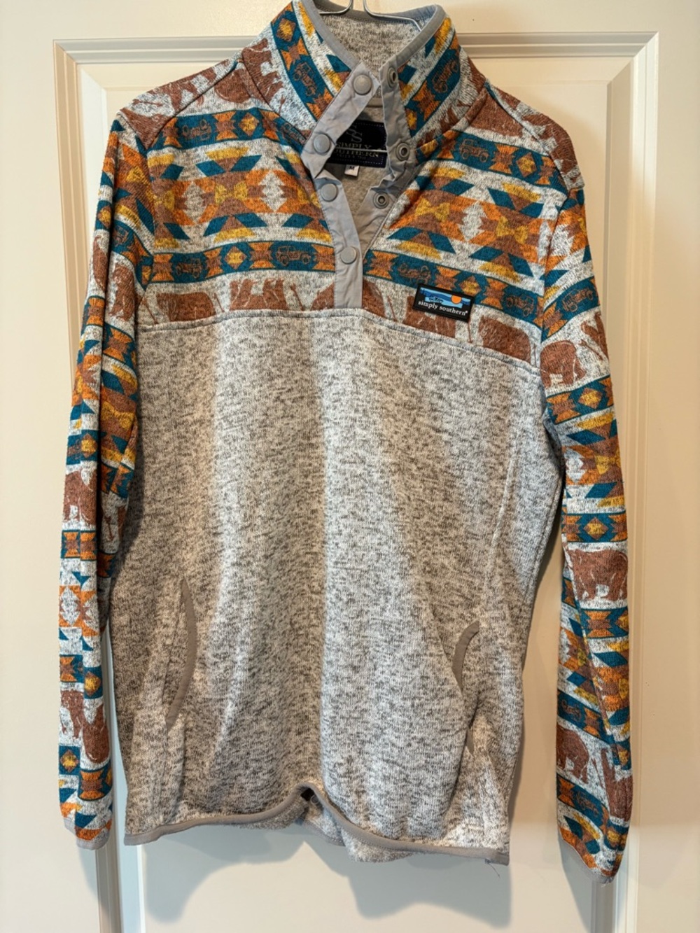 Simply Southern Women’s Grey Pullover Fleece with Teal & Rust Aztec Trim